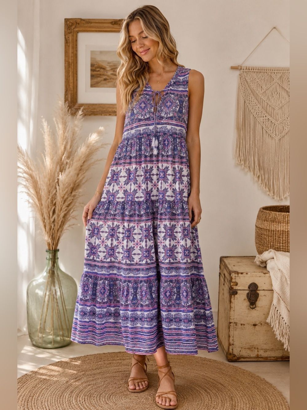 True Destinations Boho Purple & White Tiered Maxi Dress | Sleeveless Tie Neck